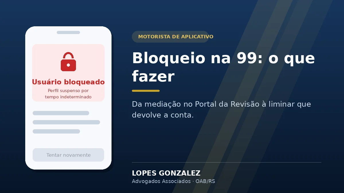 Tela de aplicativo de motorista mostrando aviso de usuário bloqueado, ao lado do título do artigo sobre bloqueio na 99