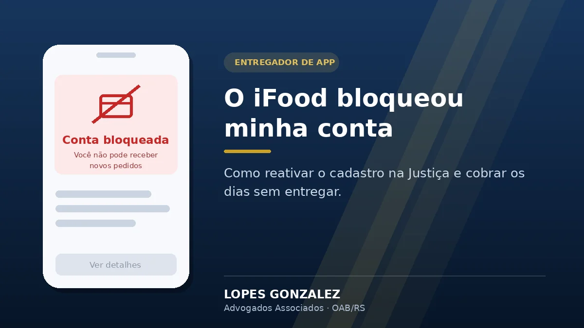 Tela de aplicativo de entregas mostrando aviso de conta bloqueada, ao lado do título do artigo sobre bloqueio de conta no iFood
