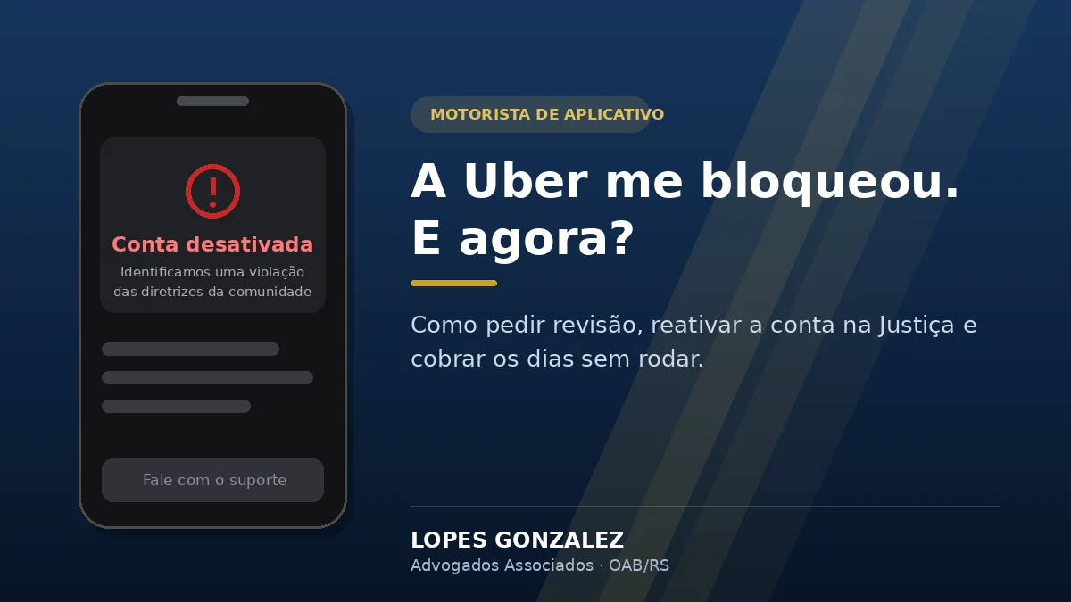 Tela de aplicativo de motorista exibindo aviso de conta desativada, ao lado do título do artigo sobre bloqueio de conta na Uber