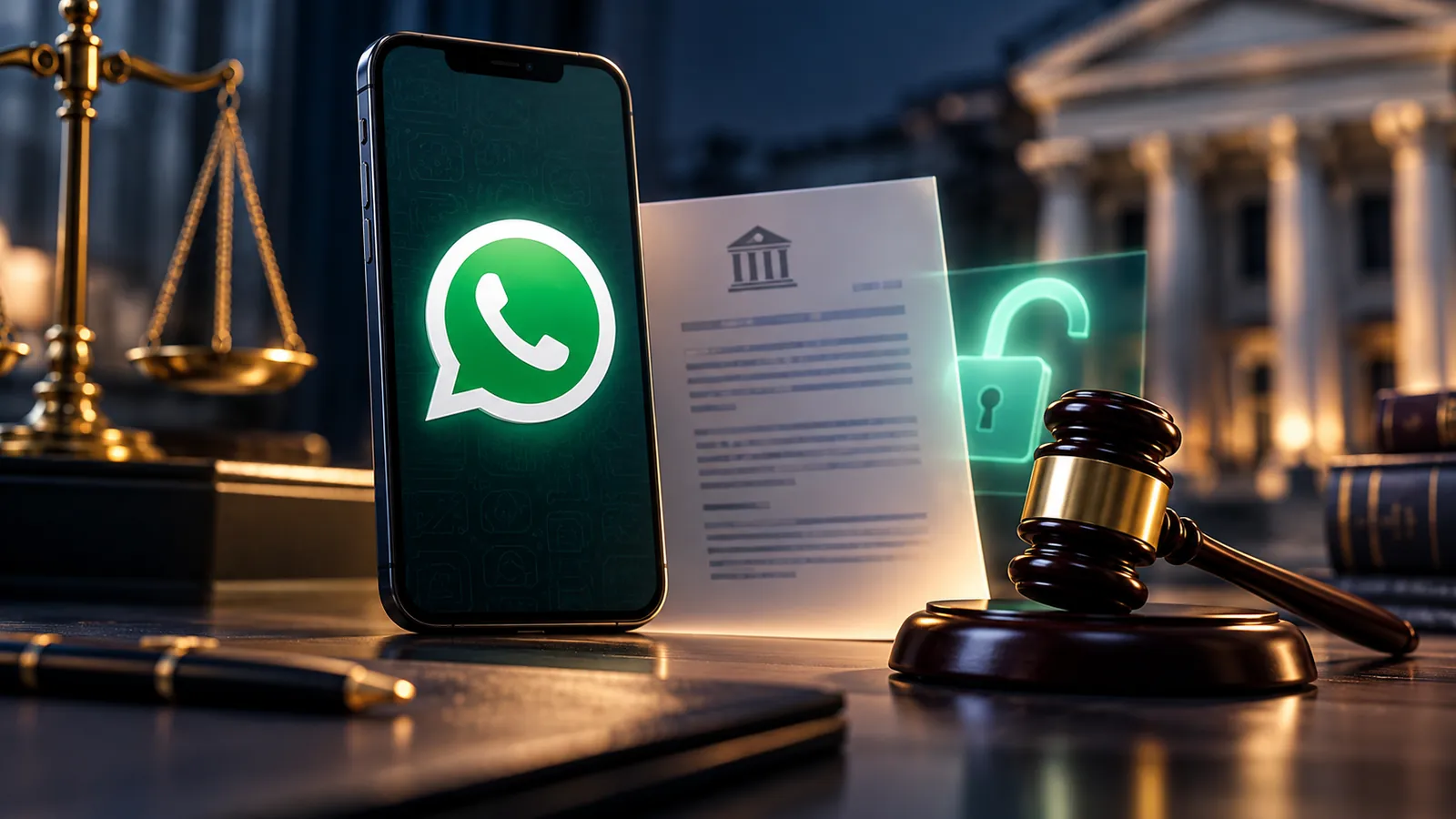 Celular com WhatsApp ao lado de documento judicial, cadeado aberto e martelo do juiz