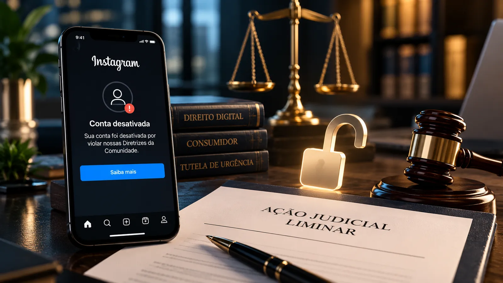 Instagram desativado ao lado de pedido judicial de liminar e símbolos da Justiça