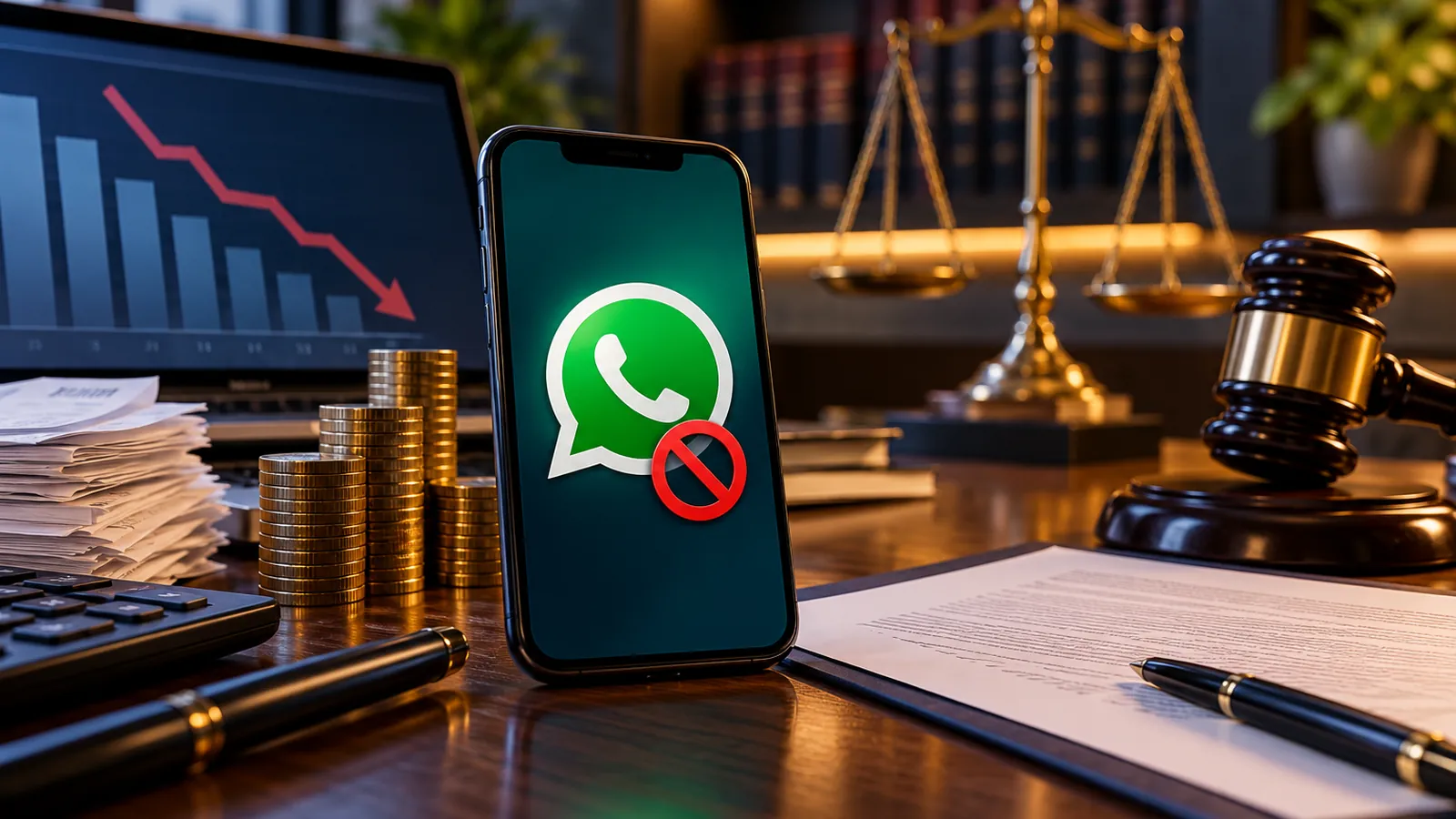 WhatsApp bloqueado ao lado de gráfico de queda financeira, moedas e documentos jurídicos