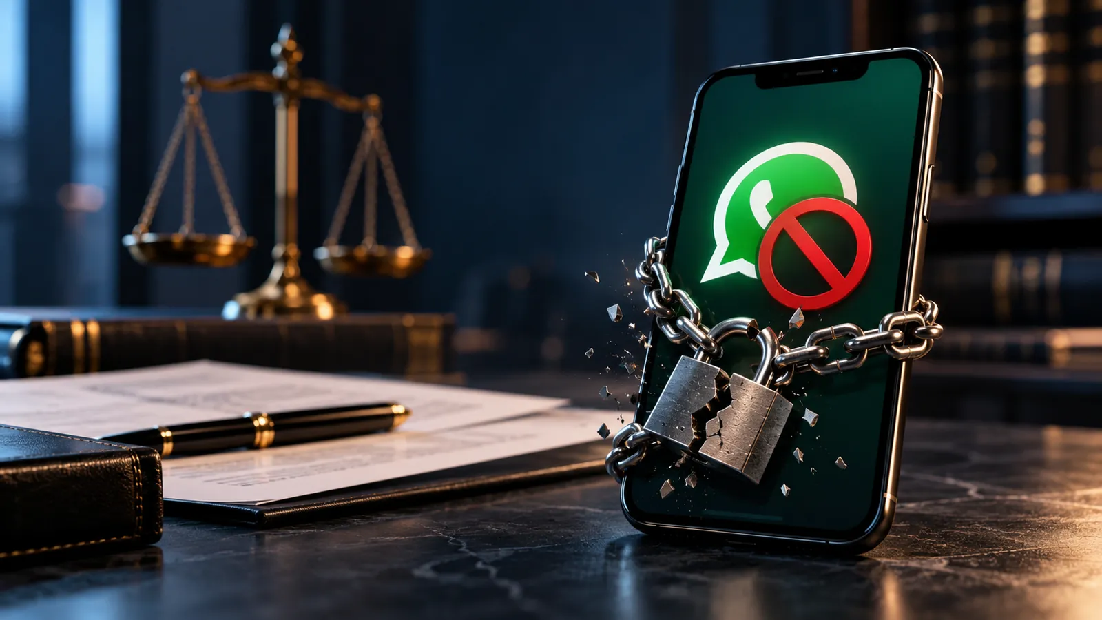 Celular com WhatsApp banido cercado por corrente e cadeado rompido em ambiente jurídico